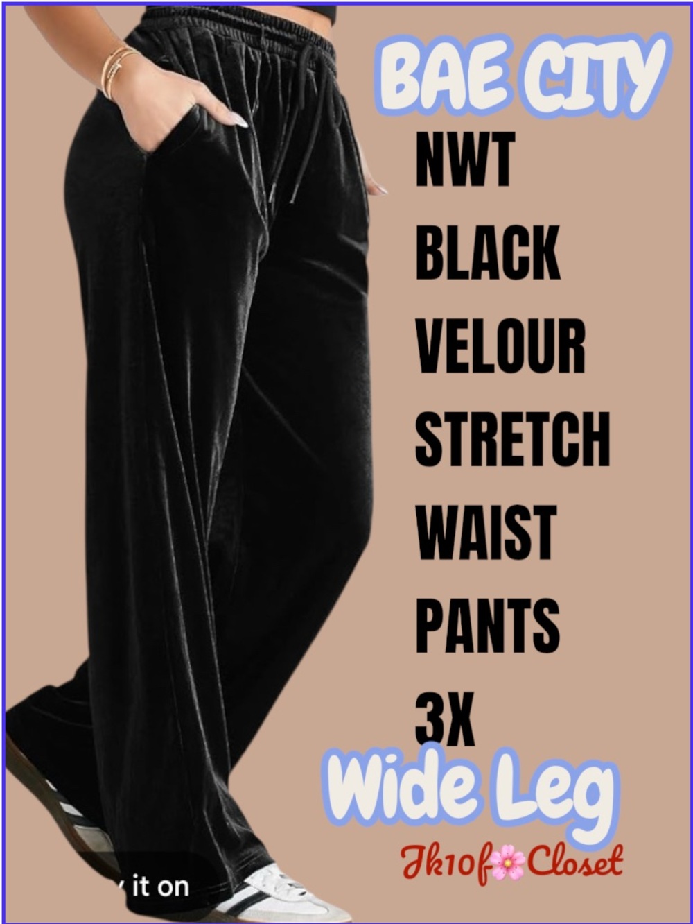 LOWEST🌺 NWT BAE CITY 3X PLUSH BLACK VELOUR STRETCH WAIST WIDE LEG PANTS
